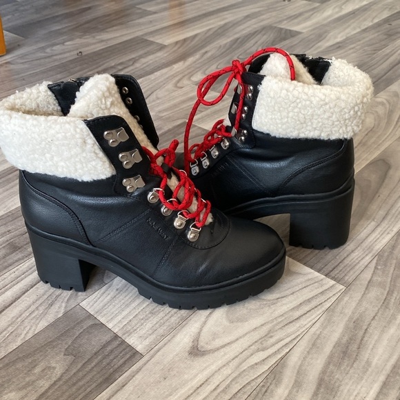 Nine West Quimbie 3 Heeled Sherpa Hiker Boots Leather Zip Red Laces Size 10M X-2 - Picture 2 of 7